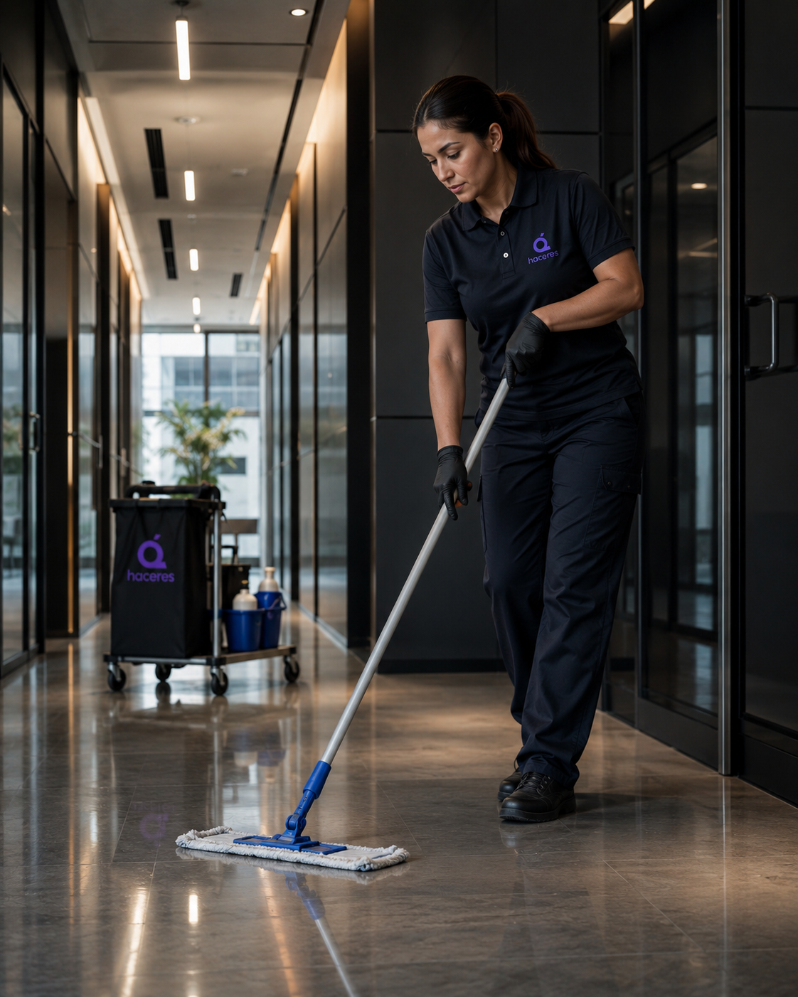 Operaria de Q'Haceres SRL realizando mantenimiento de limpieza en edificio corporativo