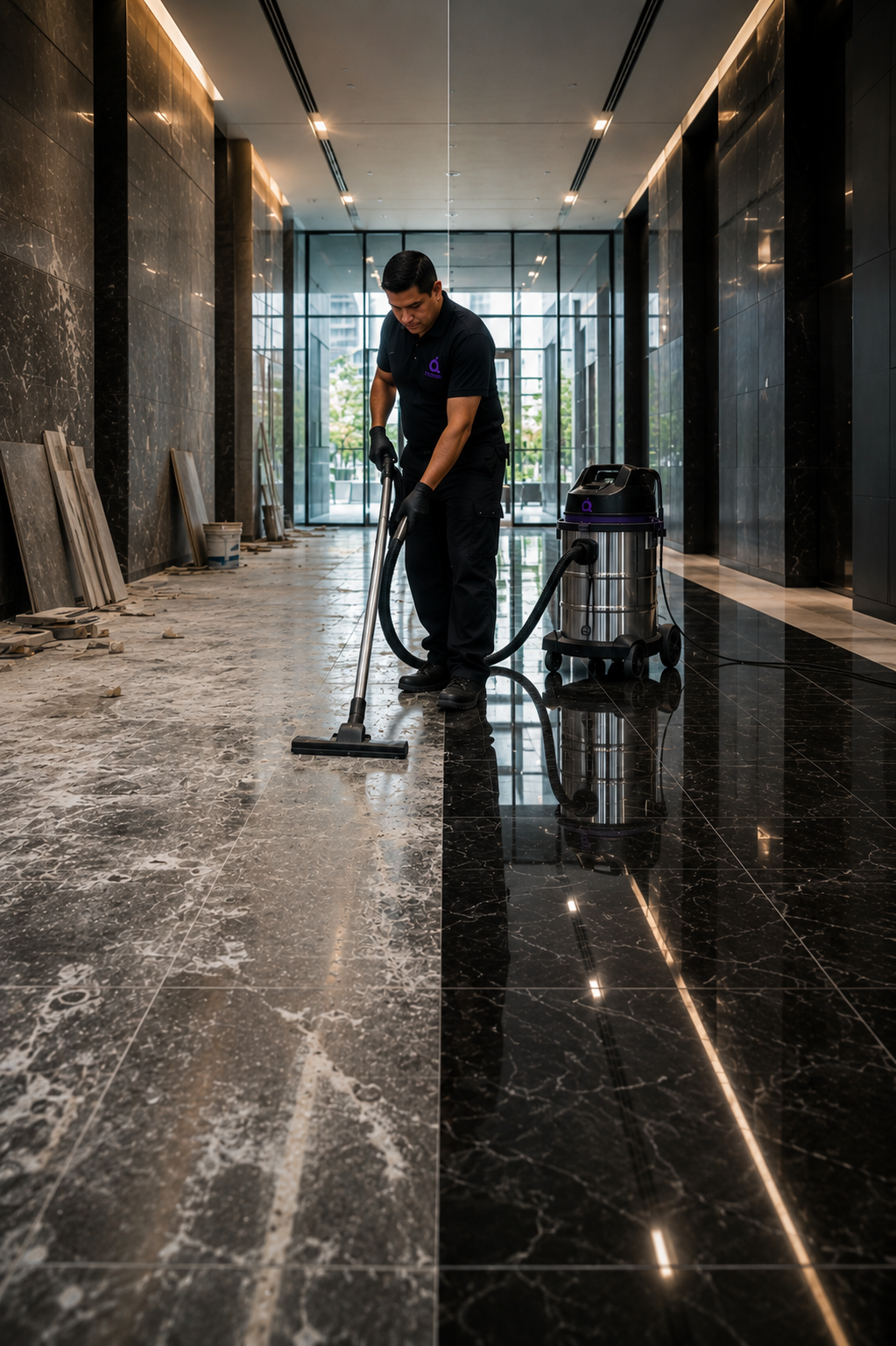 Operario profesional realizando limpieza de obra con maquinaria en interior